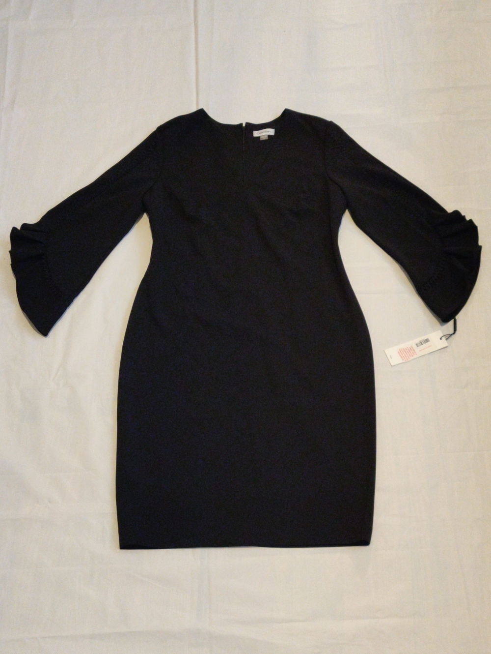 Calvin Klein Black Long-Sleeve Sheath Dress with Ruffled Bell Sleeves